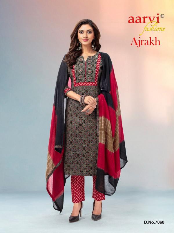 Aarvi Ajrakh Vol-1 Cototn Designer Kurti Pant With Dupatta Collection